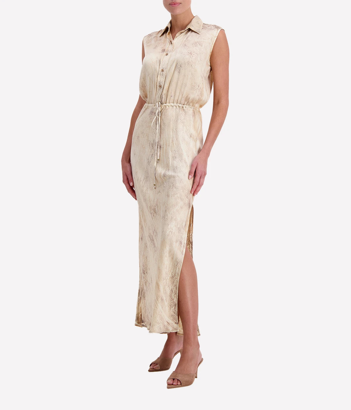 Sleeveless Maxi Shirt Dress in Brown Khaki Snake