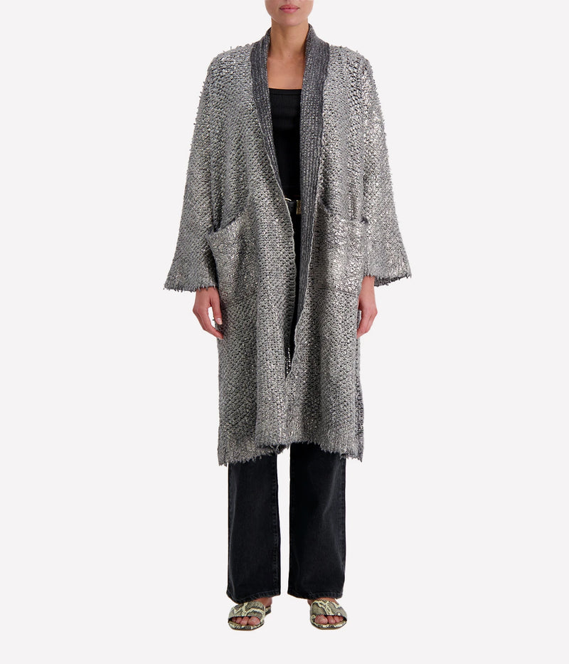 Hand Painted Long Furry Cardigan with Lamination in Husky