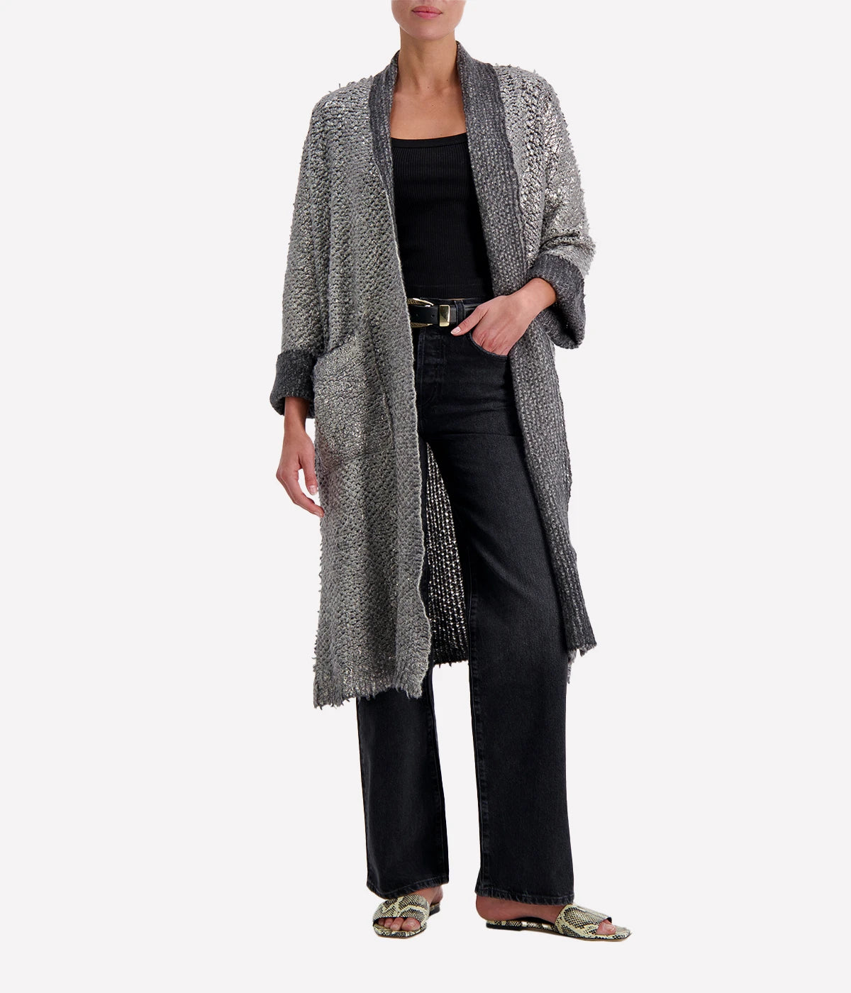 Hand Painted Long Furry Cardigan with Lamination in Husky