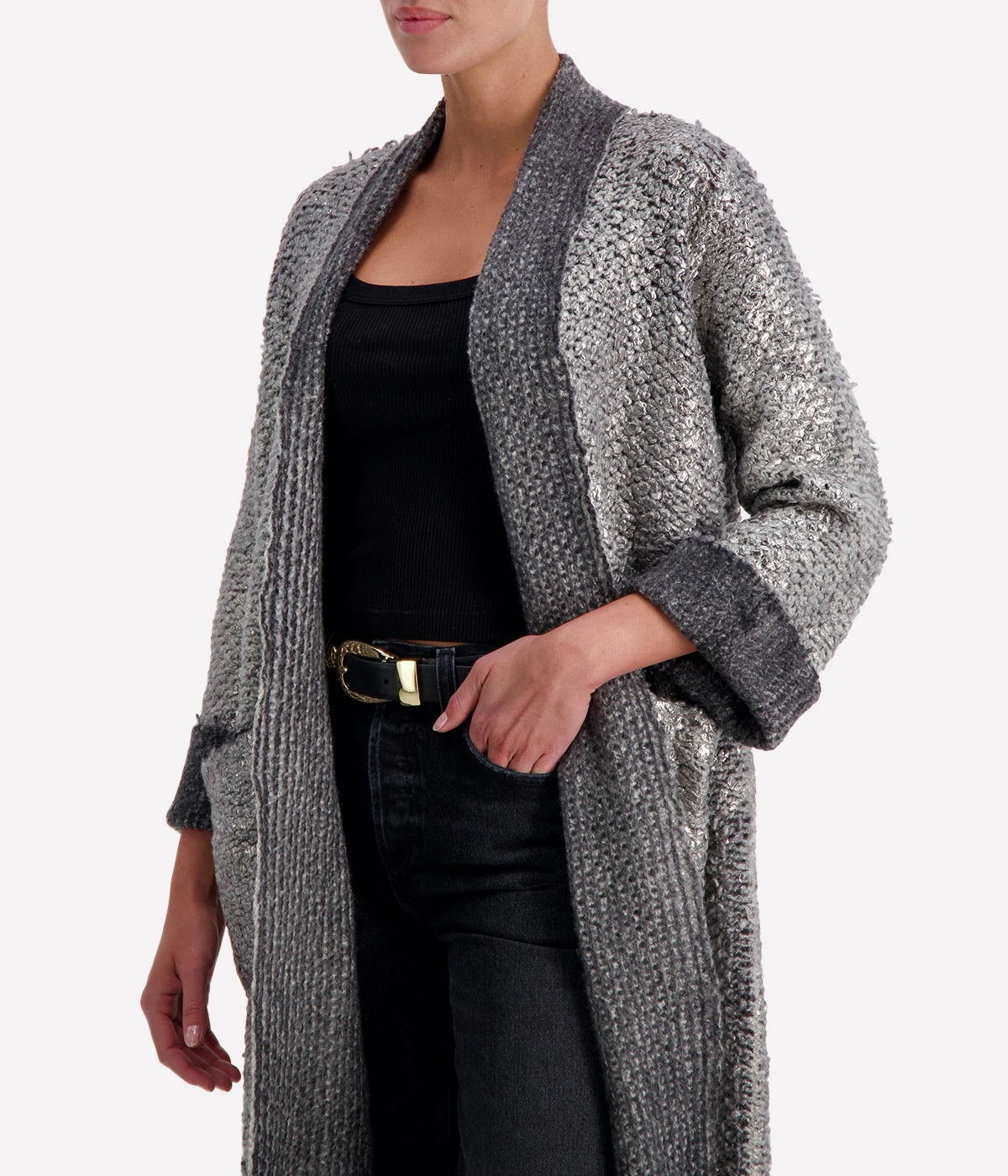 Hand Painted Long Furry Cardigan with Lamination in Husky