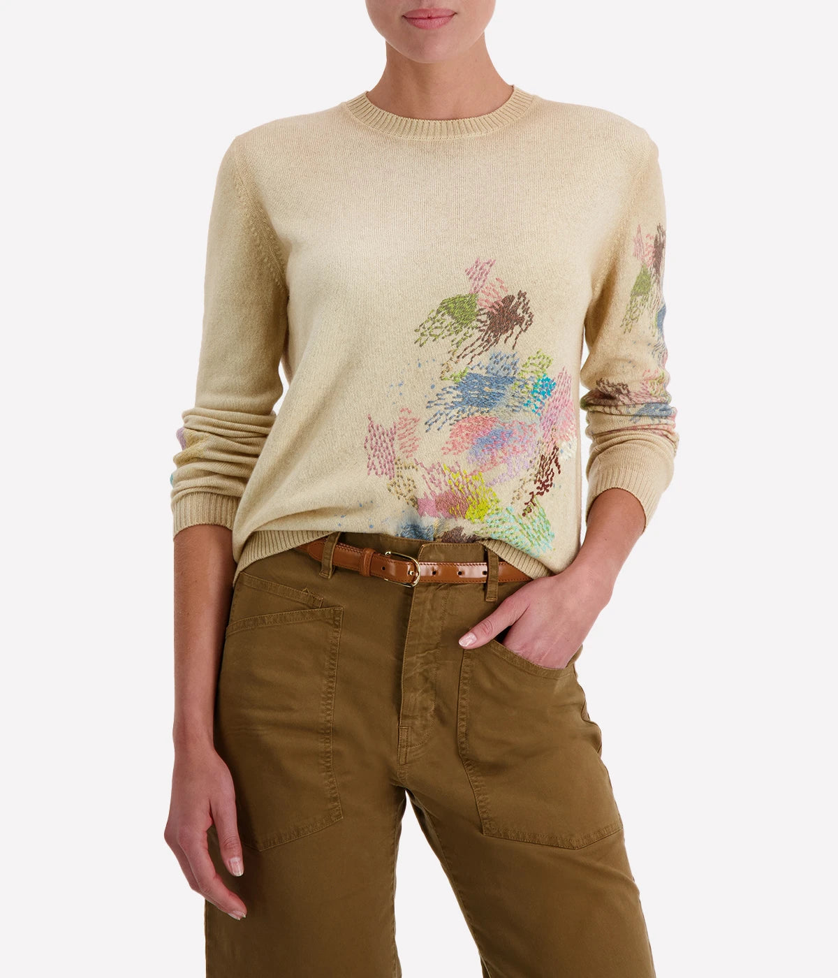 Hand Painted Round Neck with Embroidery in Burro