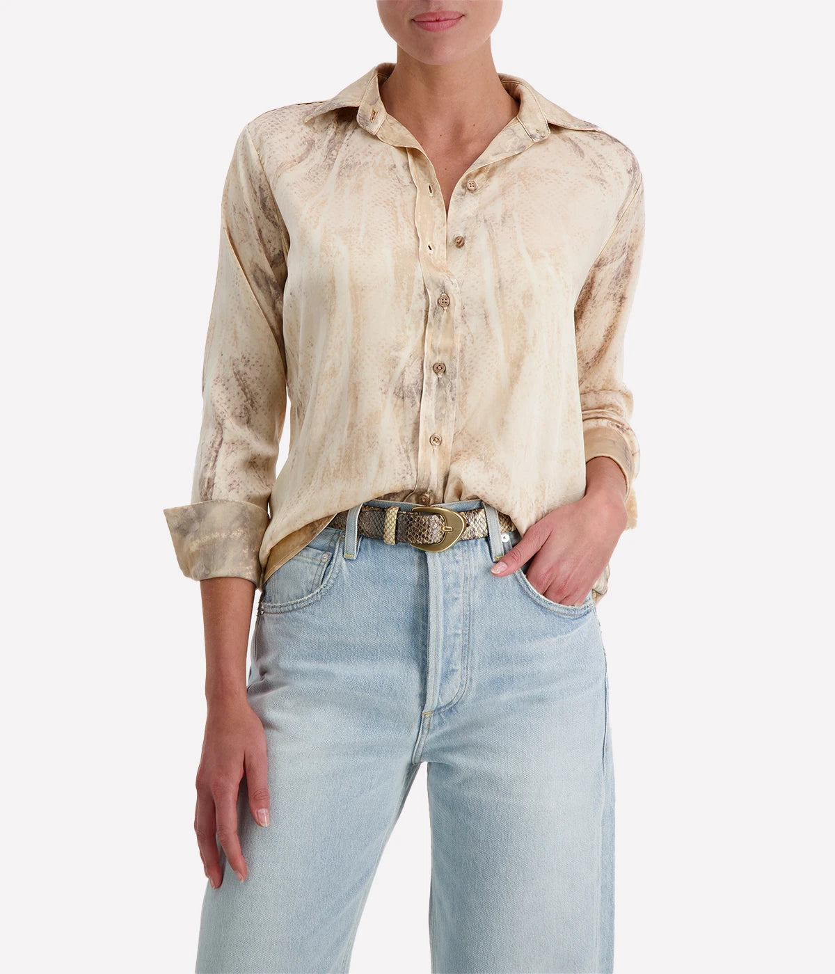 Long Sleeve Button Shirt in Brown Khaki Snake