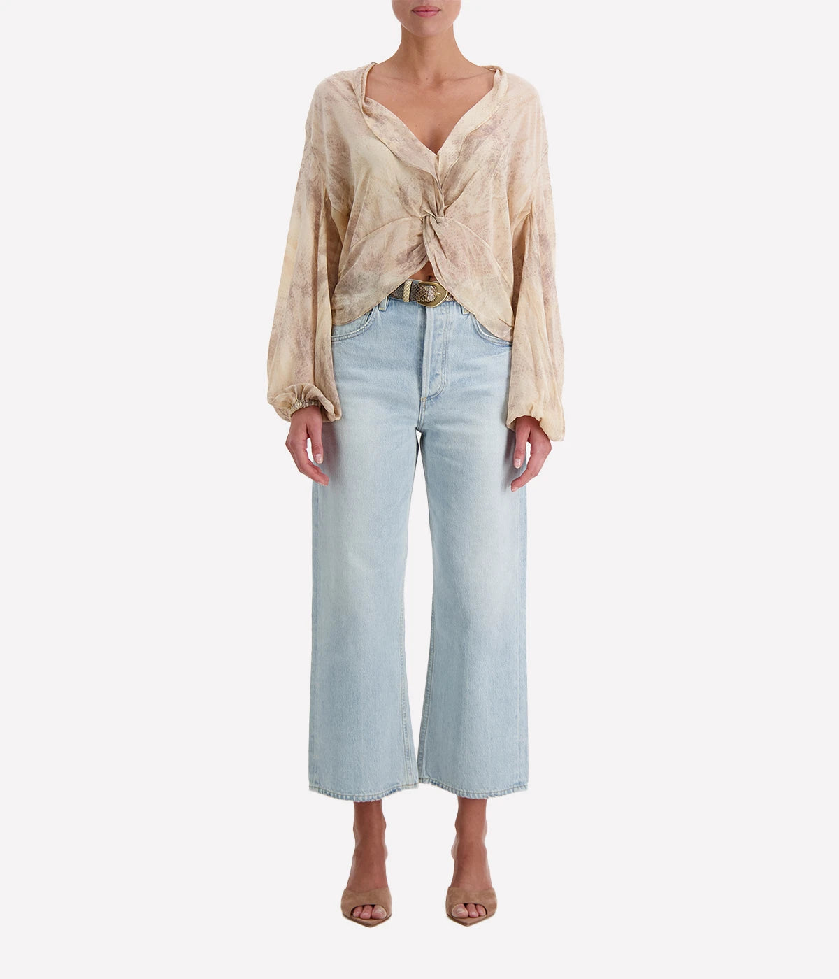 Knot Top In Washed Double Georgette in Brown Khaki Snake