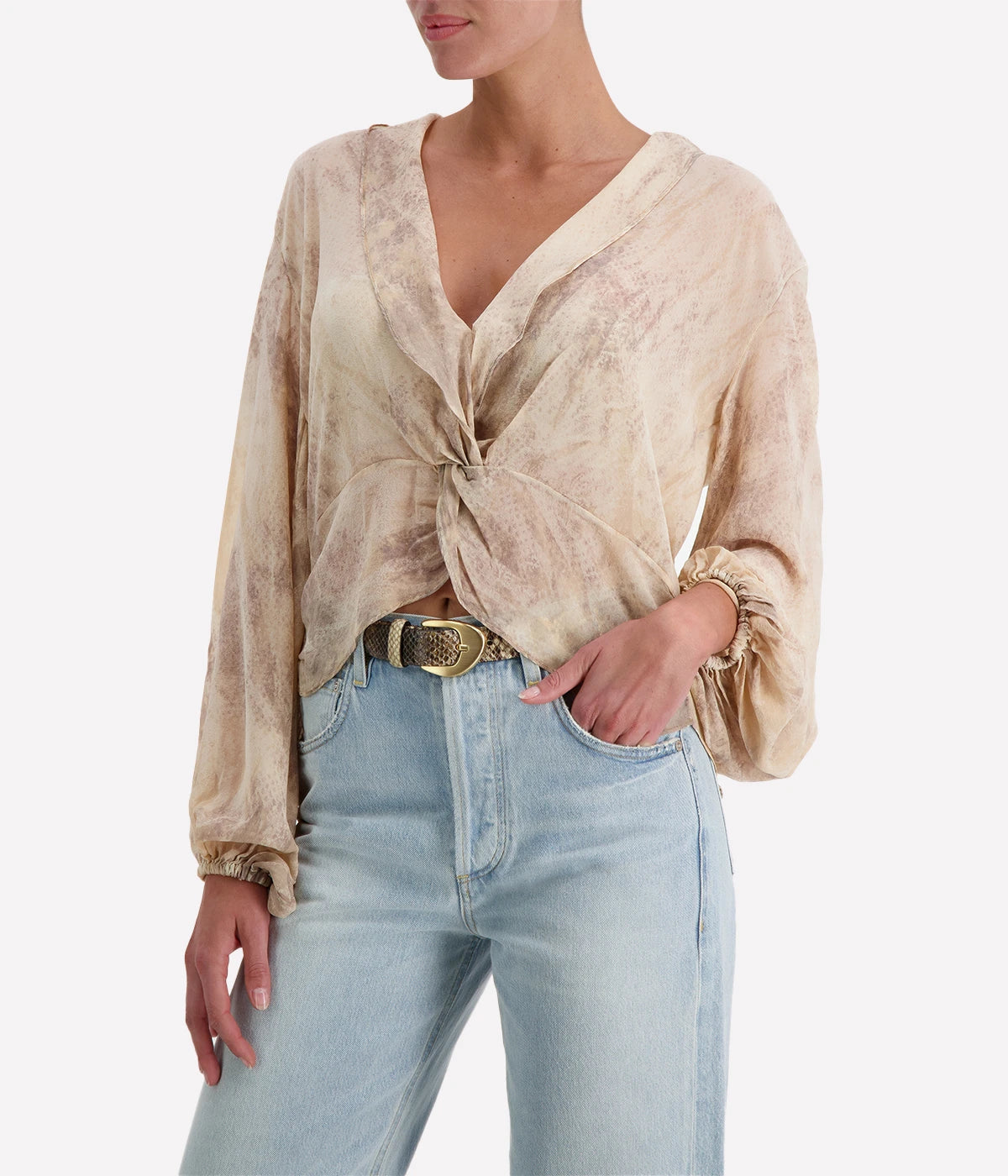 Knot Top In Washed Double Georgette in Brown Khaki Snake