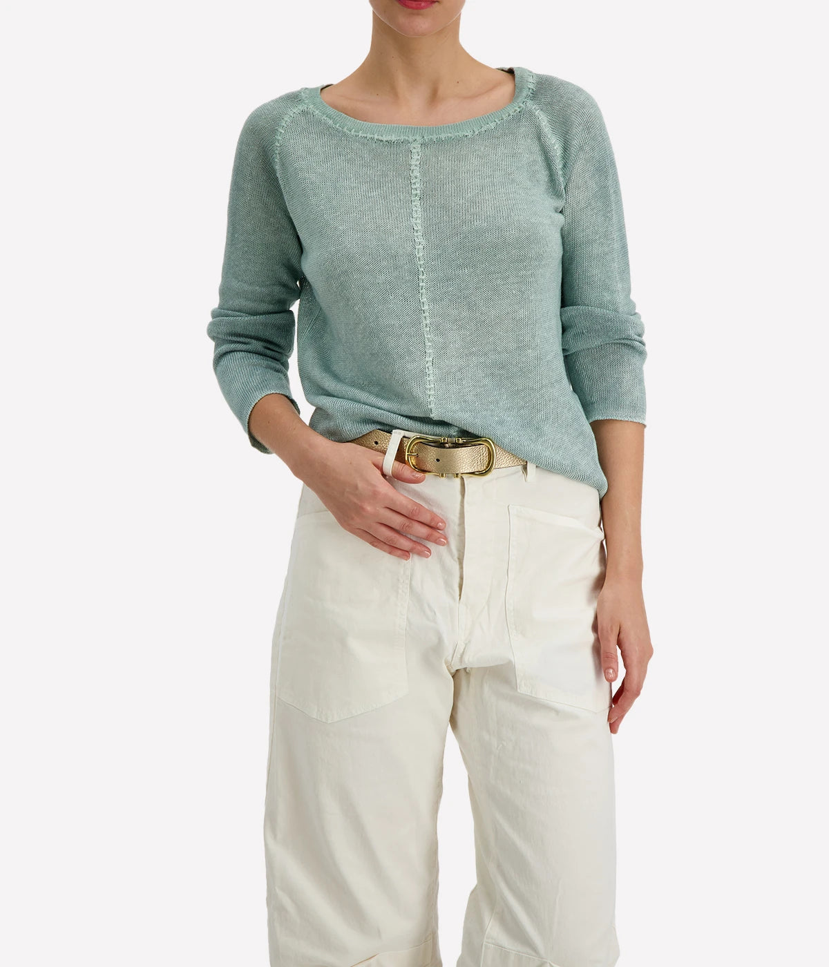 Dusty blue linen boatneck knit sweater with decorative accentuated stitching by Avant Toi