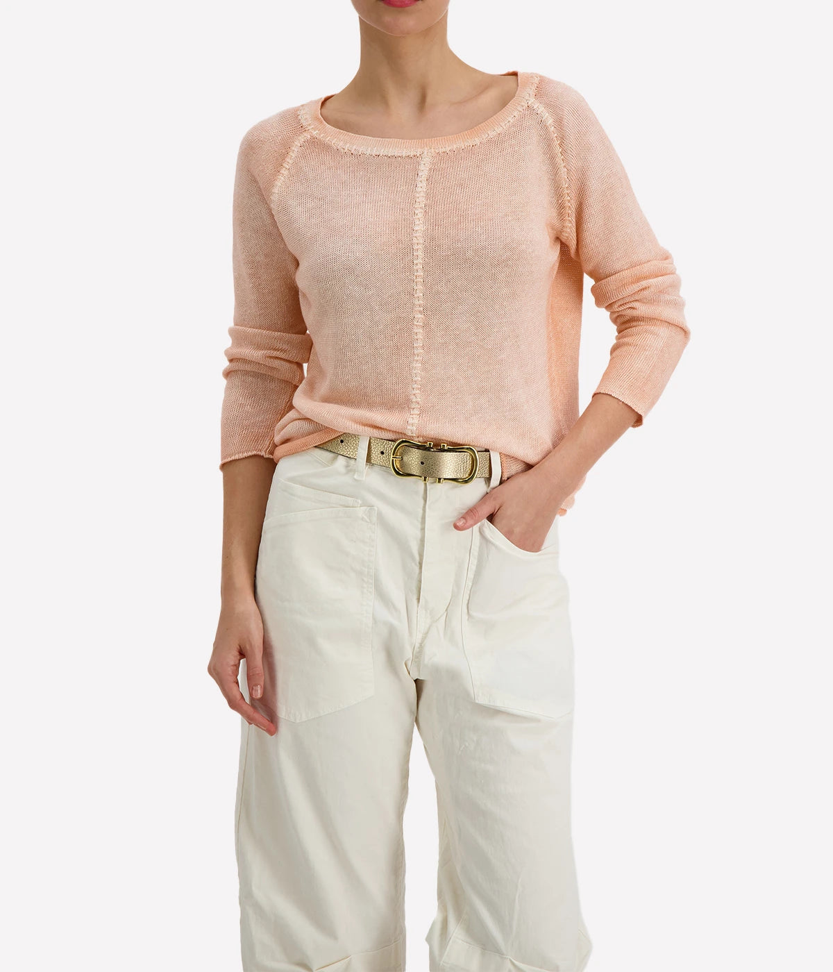 Peach coloured linen boatneck knit sweater by Avant Toi