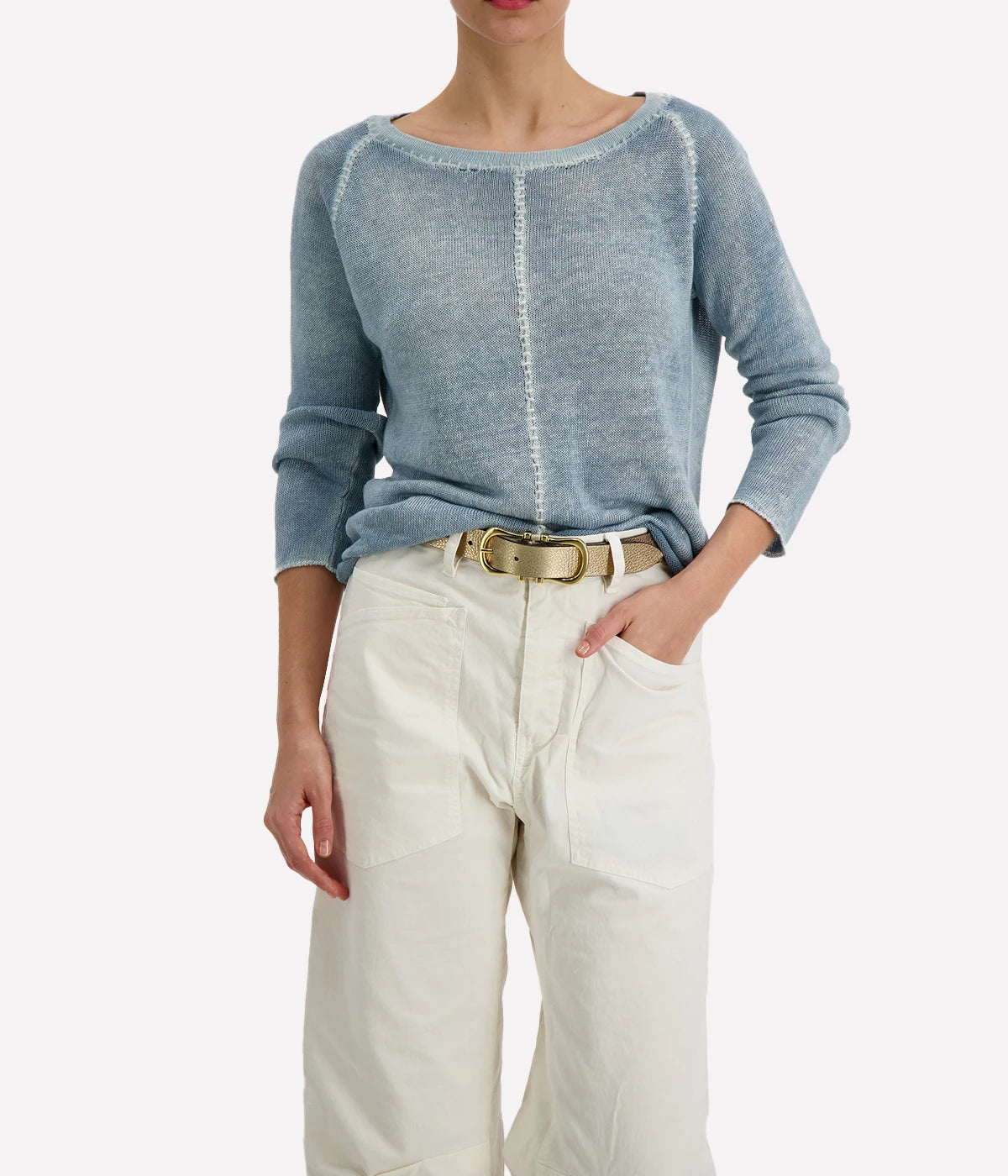 Muted blue linen boatneck knit sweater with decorative accentuated stitching by Avant Toi