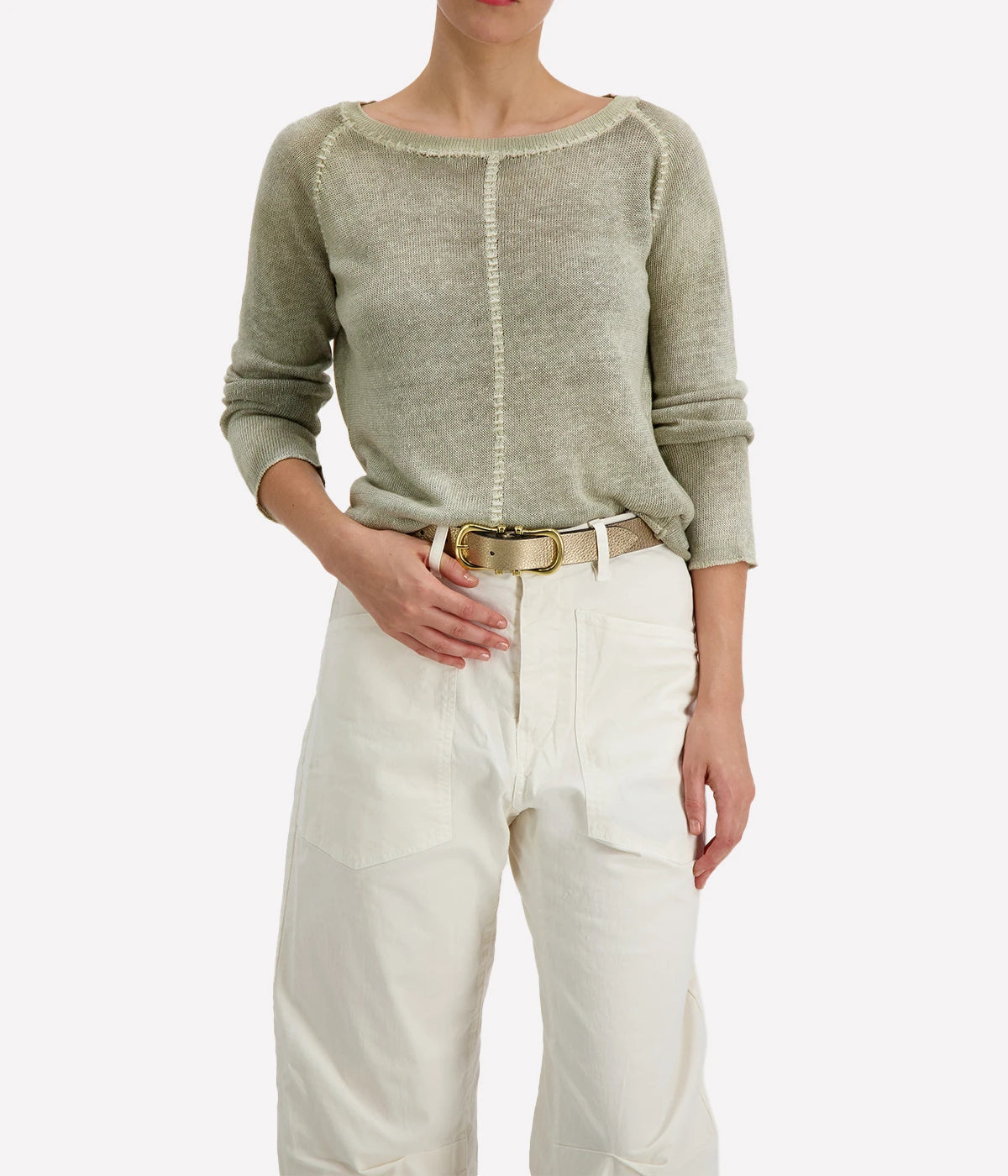 Dusty green linen boatneck knit sweater with decorative accentuated stitching by Avant Toi