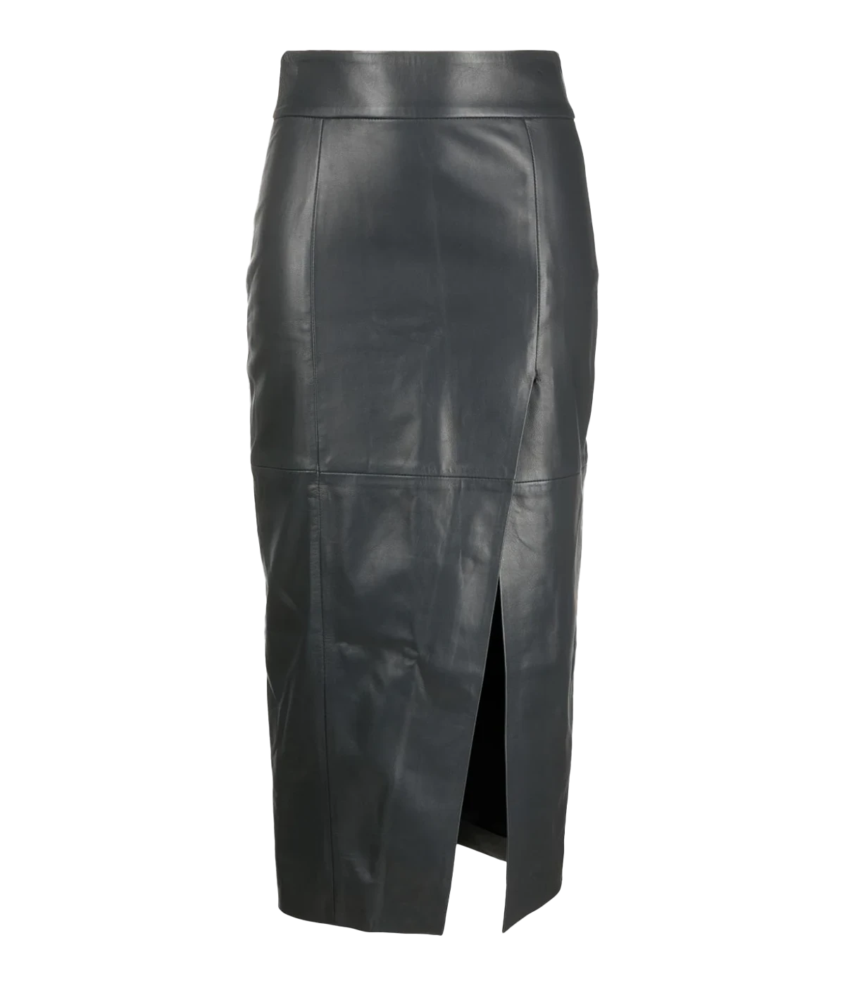 A midi length 100% leather skirt, in a grey colourway, featuring a tonal stitching, high waist, straight hemline and front split. Comfortable, work wear, date night skirt, timeless, made internationally. 