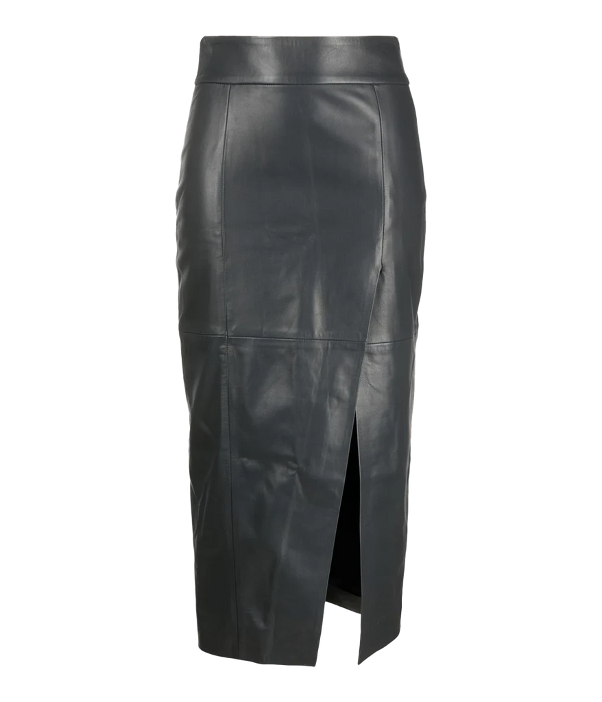 A midi length 100% leather skirt, in a grey colourway, featuring a tonal stitching, high waist, straight hemline and front split. Comfortable, work wear, date night skirt, timeless, made internationally. 