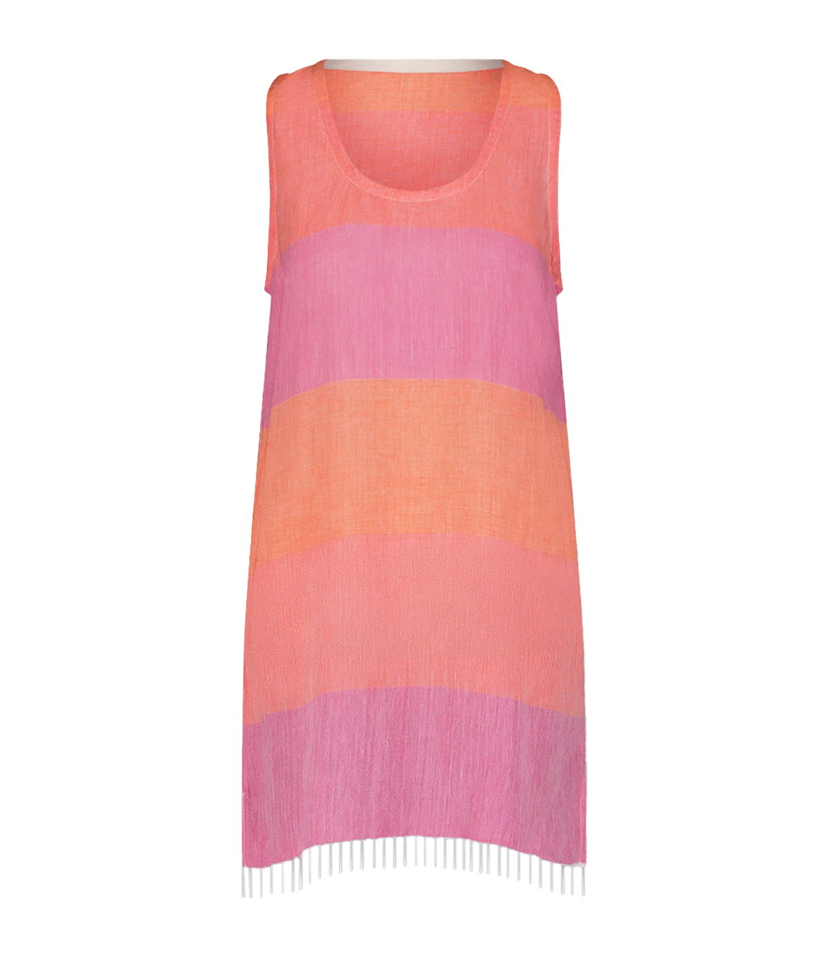 A relaxed tank dress featuring an ombre colour block in pink, blush, and peach, with a scoop neckline and fringe hem detail.