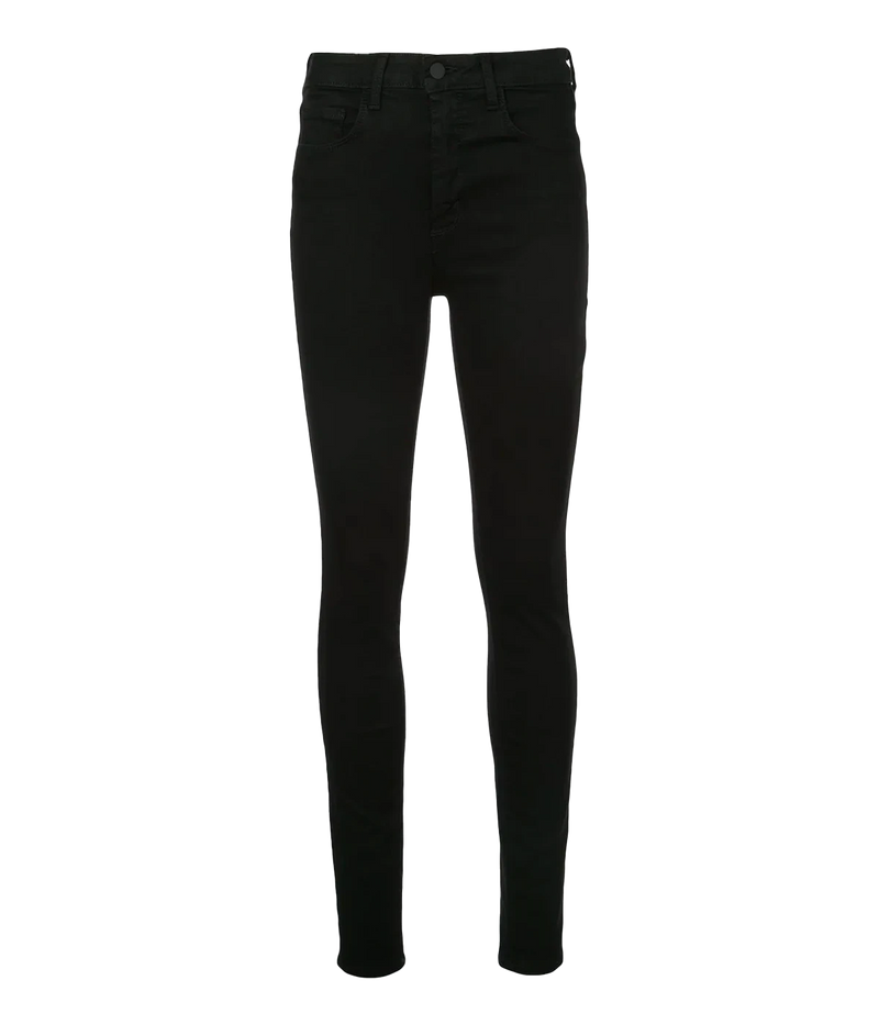Image of a classic black denim skinny jean, with a tapered leg, leather pants, silver hardware, skinny fit. Everyday jean, coated denim, made in USA, date night outfit. 