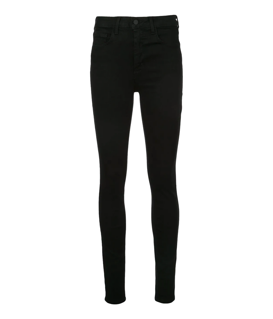 Image of a classic black denim skinny jean, with a tapered leg, leather pants, silver hardware, skinny fit. Everyday jean, coated denim, made in USA, date night outfit. 