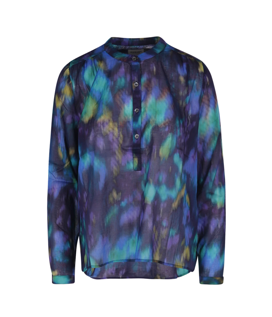 Isabel Marant blouse cut from 100% organic cotton. High low hem and a multicolour blue tie dye pattern. Crinkled finish with long button sleeves. Wash and wear, bra friendly. 