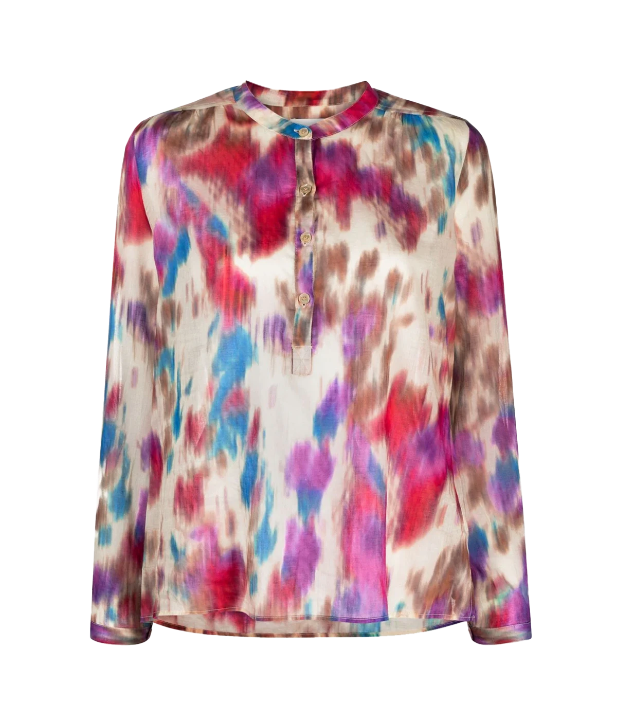 Isabel Marant blouse cut from 100% organic cotton. High low hem and a multicolour beige and raspberry tie dye pattern. Crinkled finish with long button sleeves. Wash and wear, bra friendly. 