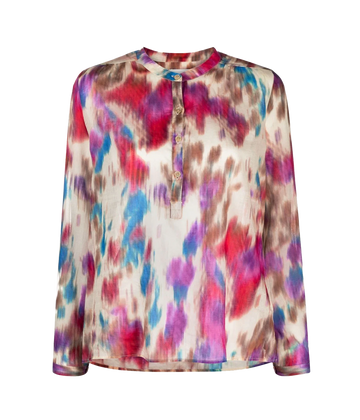 Isabel Marant blouse cut from 100% organic cotton. High low hem and a multicolour beige and raspberry tie dye pattern. Crinkled finish with long button sleeves. Wash and wear, bra friendly. 