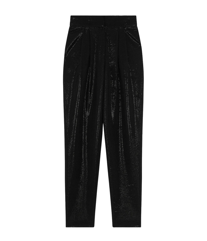 A high rise sleek black cigarette pant, with high waistband, shiny black material, darks and hook and eye zipper closure. Party wear, comfortable, sleek chic, matching set, made internationally. 