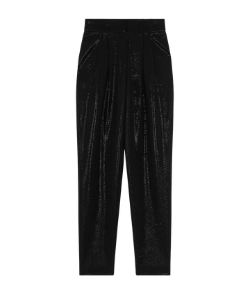 A high rise sleek black cigarette pant, with high waistband, shiny black material, darks and hook and eye zipper closure. Party wear, comfortable, sleek chic, matching set, made internationally. 