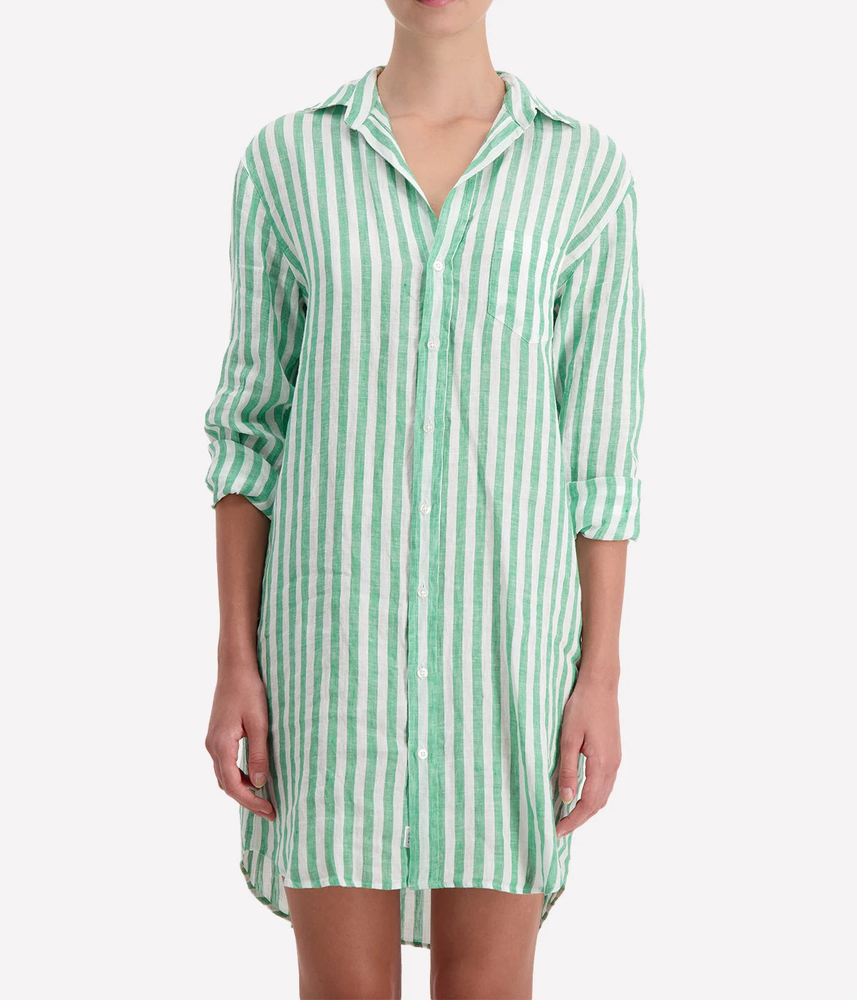 Mary Classic Shirtdress in Green Stripe Classic Linen
