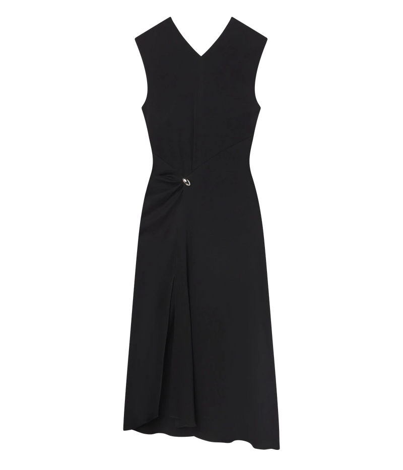 Luxurious Hammered Crepe: Made from high-quality acetate and polyester, this fabric drapes beautifully, offering a structured yet fluid silhouette.
Asymmetrical Waist Seam: The eye-catching waist detail creates an elegant, flattering shape, while the high slit offers a bold touch of allure.
Silver Stud Accents: A small yet impactful silver stud adds a modern punk-inspired edge, bringing an element of intrigue to the dress’s minimalist design.
Classic Black: The timeless black color ensures versatility.