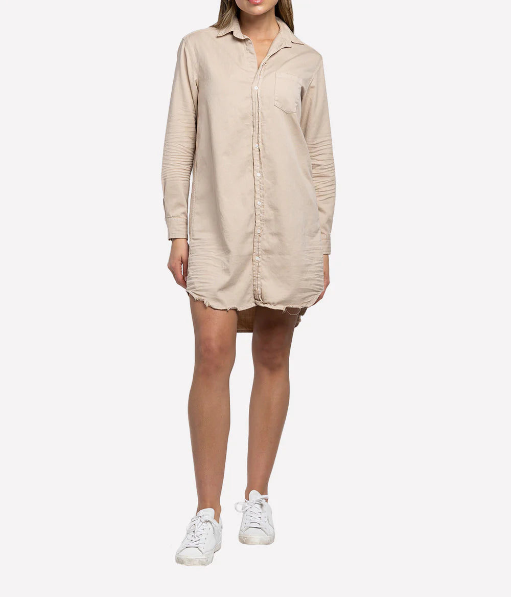 Mary Woven Button Up Dress in Sand Tattered Denim