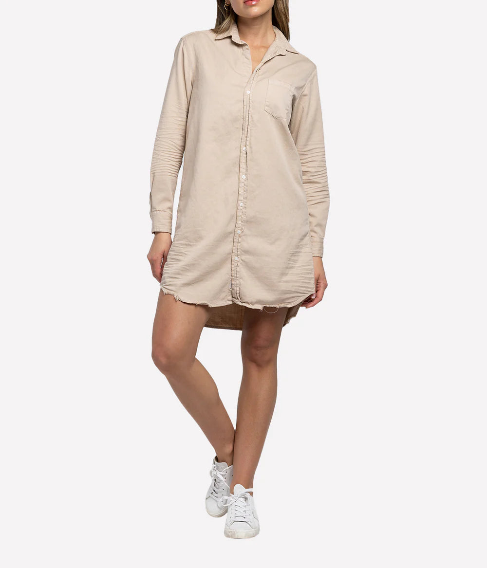 Mary Woven Button Up Dress in Sand Tattered Denim