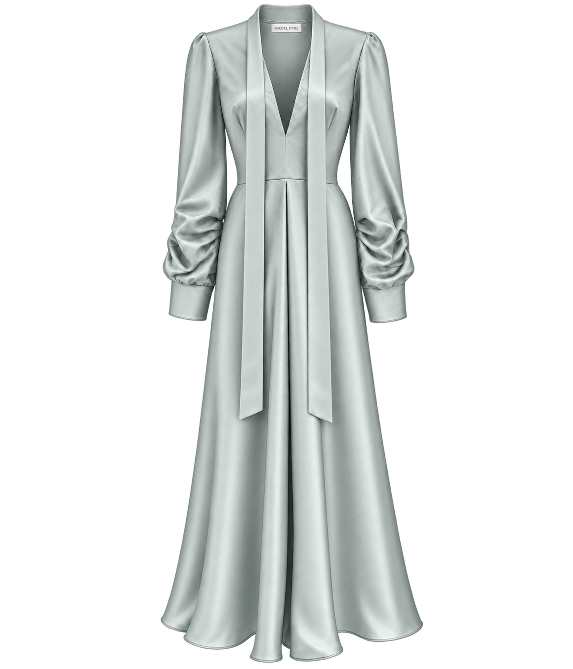 Raquel Diniz Valerie Dress in Mint laid flat, showing the muted mint silk, plunging V-neckline, long neck ties, gathered long sleeves with buttoned cuffs and pleated flared maxi skirt