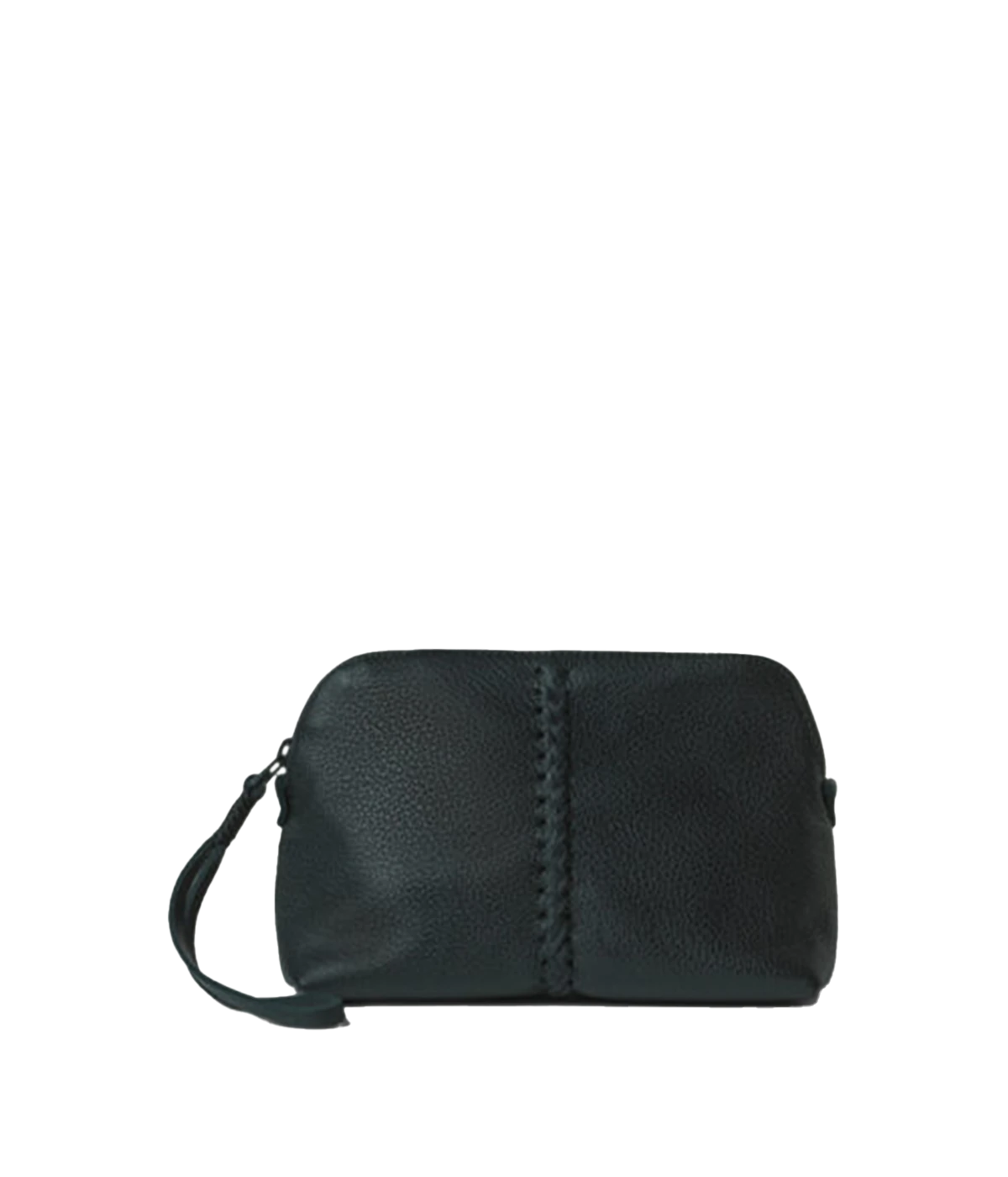 An essential vanity case in black featuring 100% leather,  signature leather handstitching, wrist strap, full lining. Makeup bag, travel essential, everyday extra bag, Made in Greece, luxury leather, everyday work bag, mum bag throw on and go.