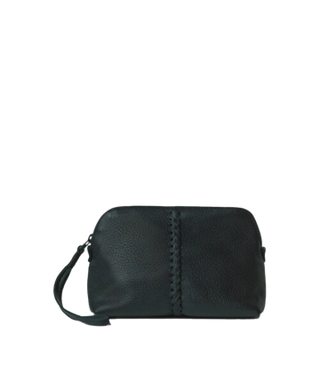 An essential vanity case in black featuring 100% leather,  signature leather handstitching, wrist strap, full lining. Makeup bag, travel essential, everyday extra bag, Made in Greece, luxury leather, everyday work bag, mum bag throw on and go.