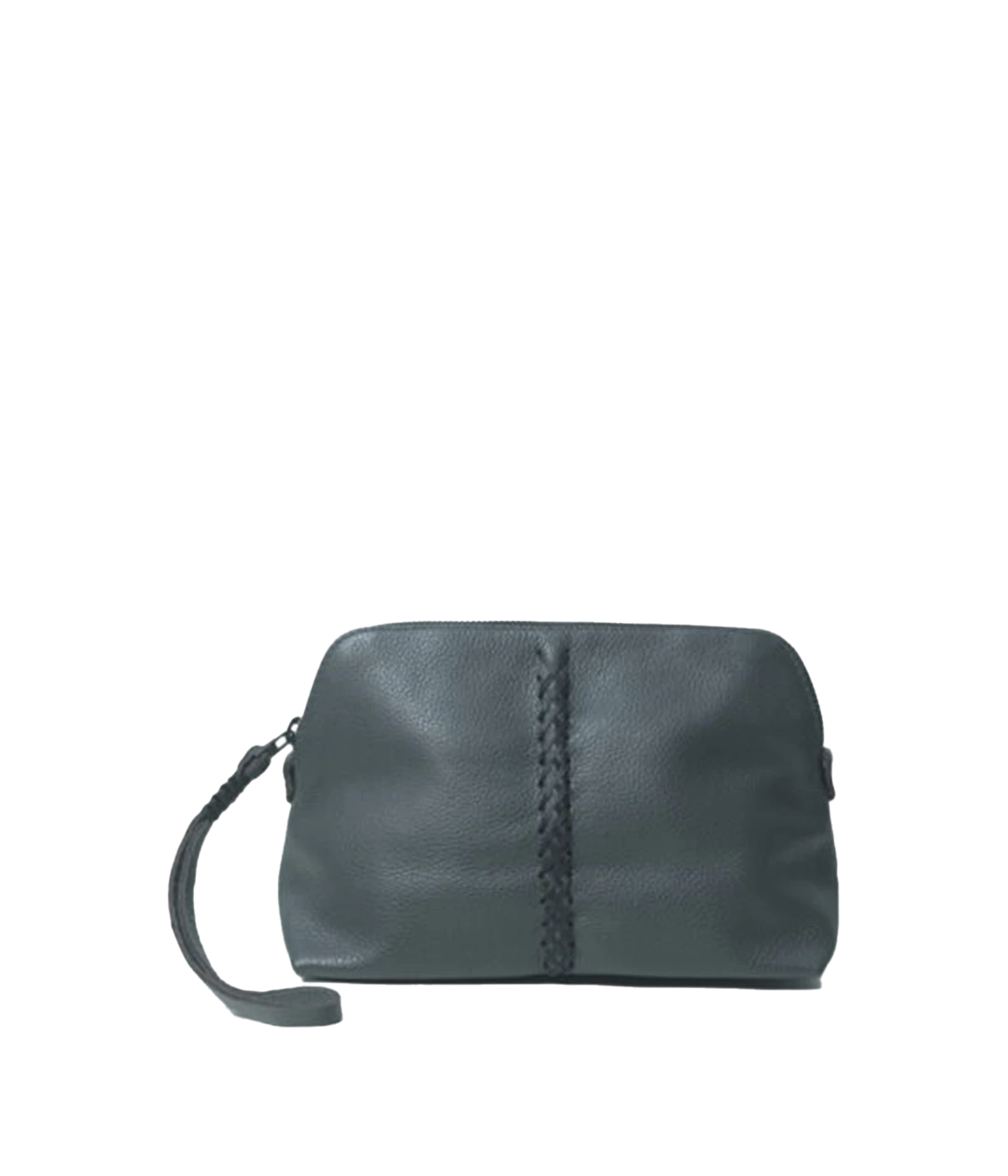 An essential vanity case in charcoal featuring 100% leather,  signature leather handstitching, wrist strap, full lining. Makeup bag, travel essential, everyday extra bag, Made in Greece, luxury leather, everyday work bag, mum bag throw on and go.