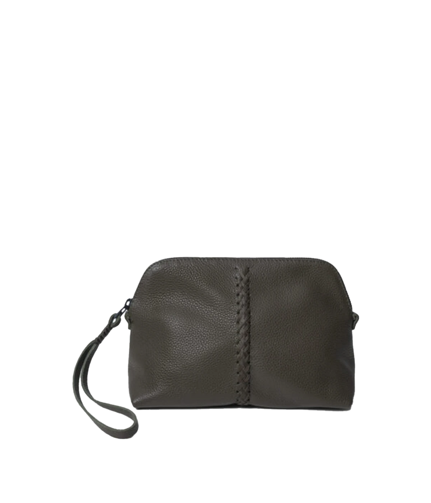 An essential vanity case in kaki, featuring 100% leather,  signature leather handstitching, wrist strap, full lining. Makeup bag, travel essential, everyday extra bag, Made in Greece, luxury leather, everyday work bag, mum bag throw on and go.