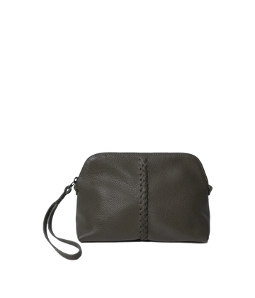 An essential vanity case in kaki, featuring 100% leather,  signature leather handstitching, wrist strap, full lining. Makeup bag, travel essential, everyday extra bag, Made in Greece, luxury leather, everyday work bag, mum bag throw on and go.