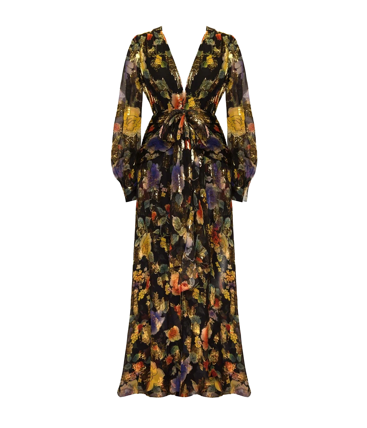 A standout evening dress, maxi style, long sleeves, gold foil and purple red floral print, v neckline and sinched tie waist detailing. Evening dress, date night dress, bra friendly, formal dress, maxi, mother of the bride, comfortable, made in UK. 