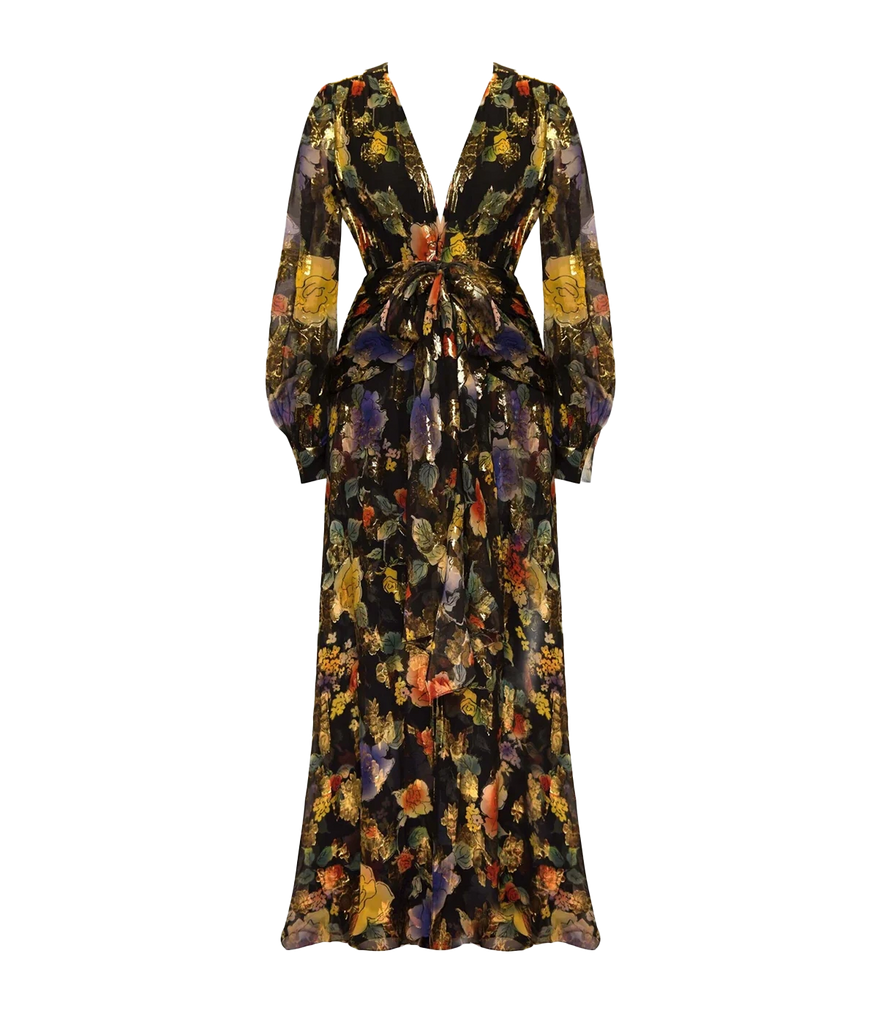 A standout evening dress, maxi style, long sleeves, gold foil and purple red floral print, v neckline and sinched tie waist detailing. Evening dress, date night dress, bra friendly, formal dress, maxi, mother of the bride, comfortable, made in UK. 