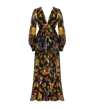 A standout evening dress, maxi style, long sleeves, gold foil and purple red floral print, v neckline and sinched tie waist detailing. Evening dress, date night dress, bra friendly, formal dress, maxi, mother of the bride, comfortable, made in UK. 