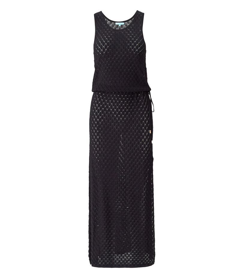 Luxurious Fabric: Made from a blend of 65% viscose and 35% nylon, this dress features a soft, breathable, and semi-sheer crochet knit fabric that exudes sophistication.
Flattering Fit: The sleeveless design and drawstring waist with signature branded cord-ends create a sleek and flattering shape, making it perfect for any occasion.
Gold Accents: The gold branded plaque and cord-ends add a touch of refinement, elevating the minimalist design with a subtle hint of luxury.
Maxi Length: Falling to a graceful ma