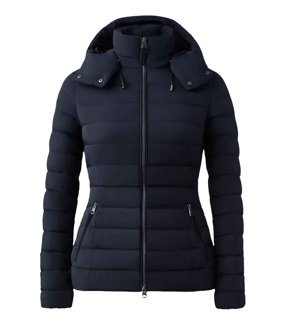 ALT Text: Sleek puffer jacket with a stand collar, removable hood, zip pockets, and elastic waist for a flattering, functional fit