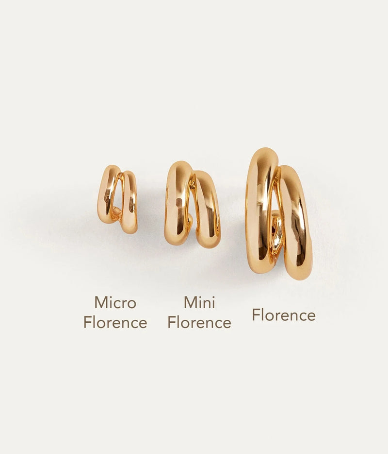 Jenny Bird Mini Florence Earrings in Gold shown between the Micro Florence and Florence Earrings for size comparison