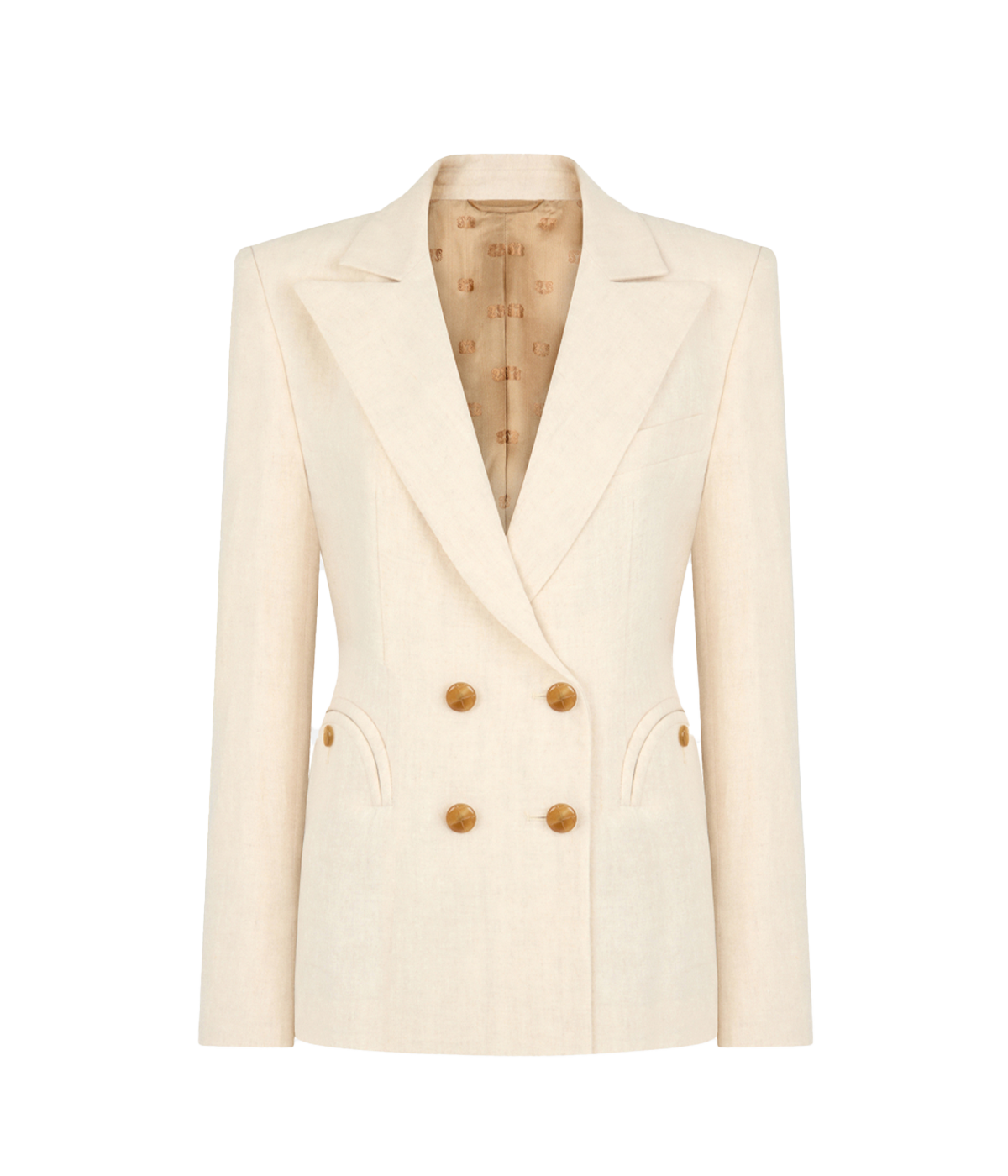 ALT text: Powder-cream Midday Sun Powder Blazer by BLAZÉ Milano with hourglass silhouette, peak lapels, and glossy honey-hued buttons.