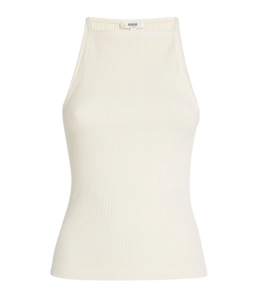 An elevated basic tank, made from a soft rib cotton and in a classic beige colourway. Featuring a high neckline, long bodice and flattering fit. Summer staple, bra friendly, date night top, made in USA, comfortable, elevated basic, date night top.