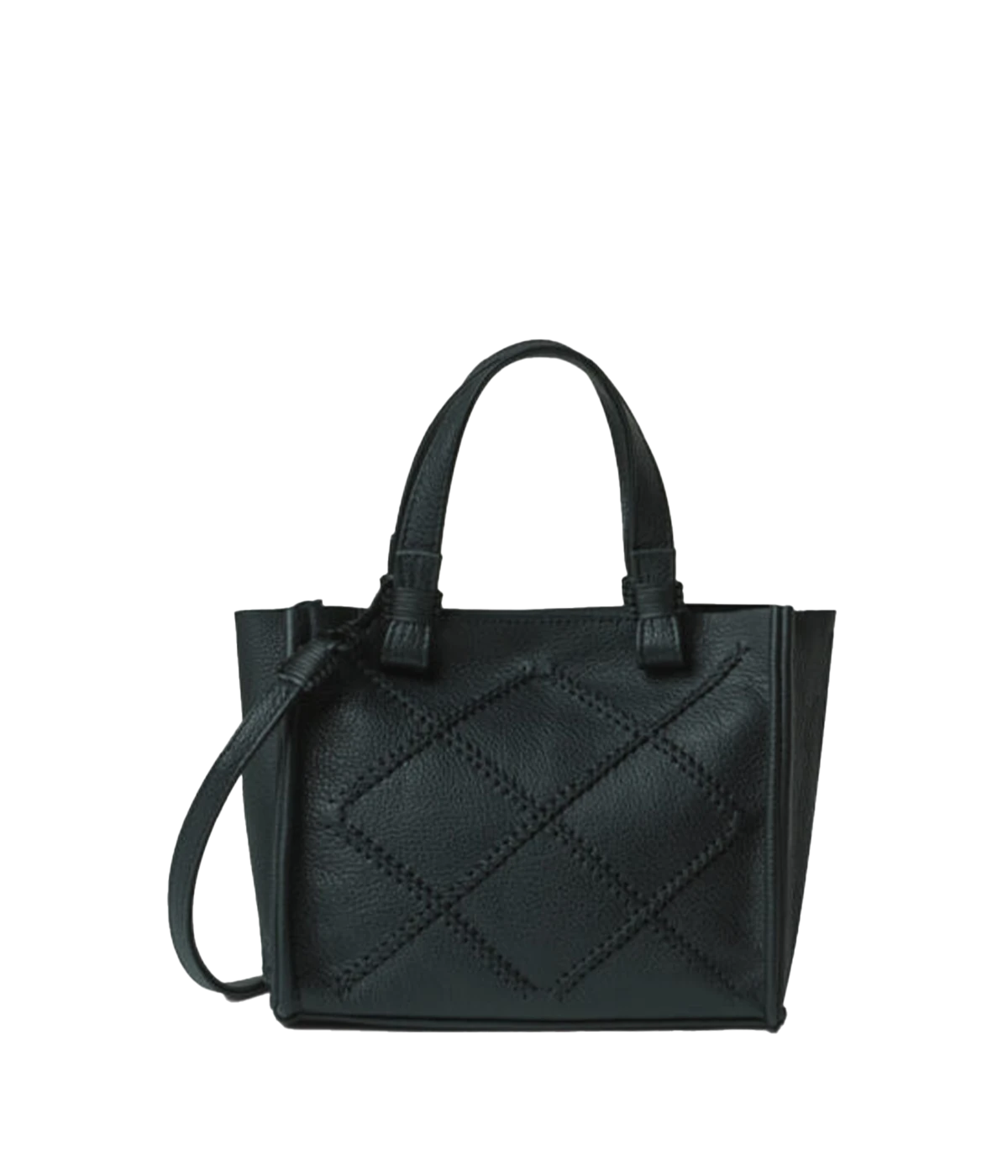  An everyday small tote bag in black, featuring 100% calf leather, two leather handles, macrame detail, decorative handstitching, signature cross-stitching, unlined, internal pocket, zipper and magnetic clasp. Made in Greece, luxury leather, everyday work bag, mum bag throw on and go.