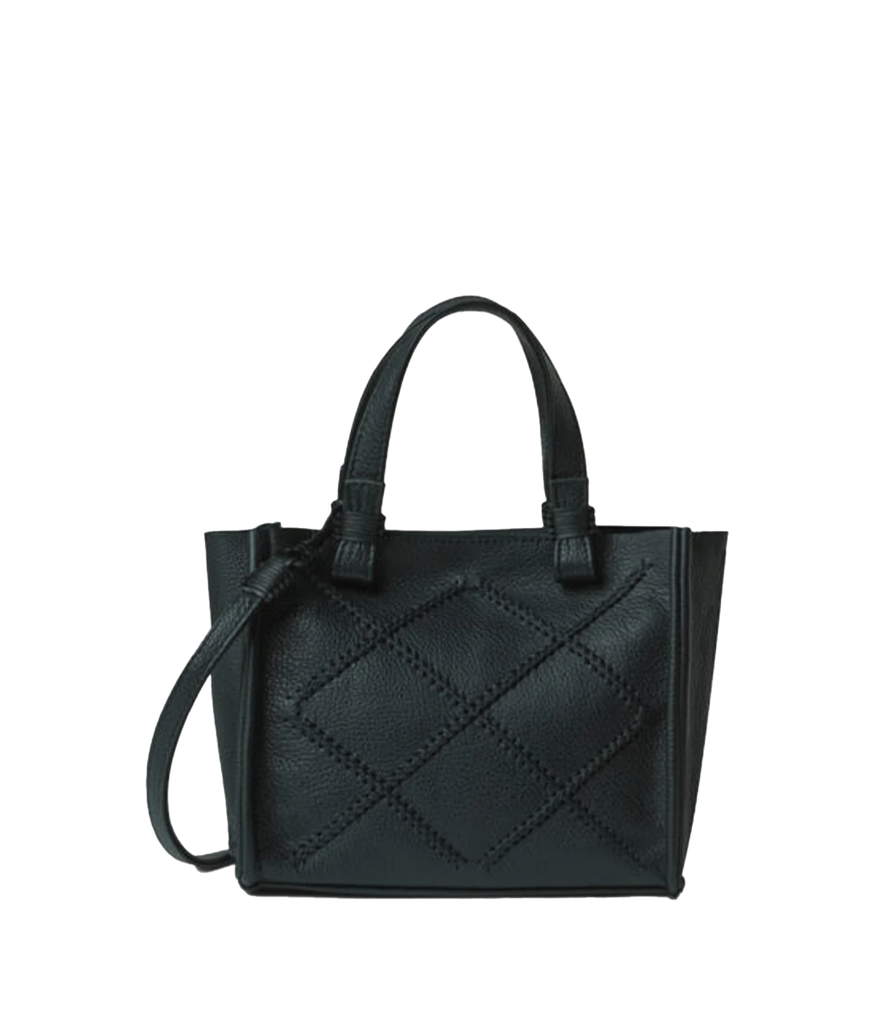 An everyday small tote bag in black, featuring 100% calf leather, two leather handles, macrame detail, decorative handstitching, signature cross-stitching, unlined, internal pocket, zipper and magnetic clasp. Made in Greece, luxury leather, everyday work bag, mum bag throw on and go.