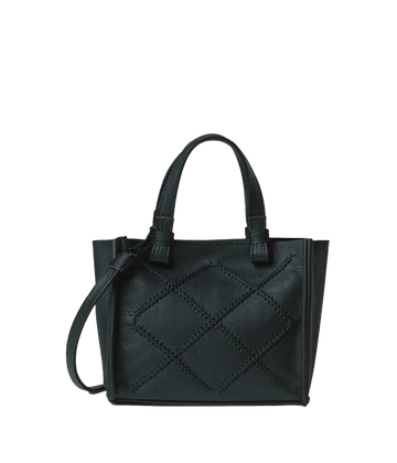  An everyday small tote bag in black, featuring 100% calf leather, two leather handles, macrame detail, decorative handstitching, signature cross-stitching, unlined, internal pocket, zipper and magnetic clasp. Made in Greece, luxury leather, everyday work bag, mum bag throw on and go.