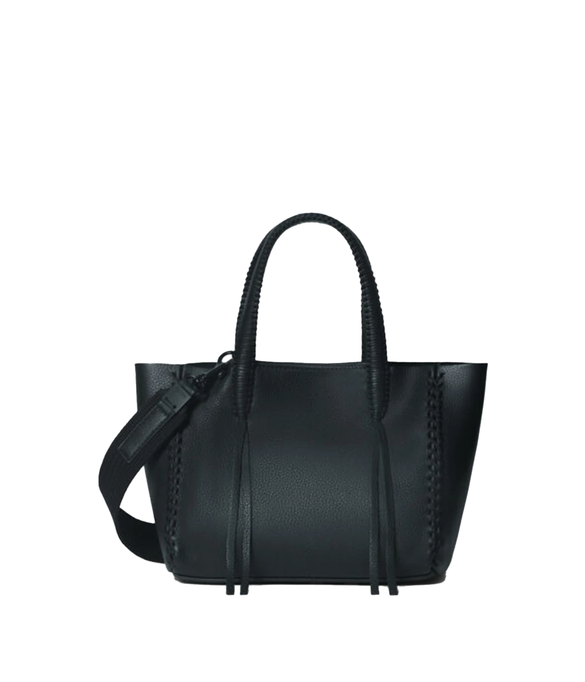 An everyday small tote bag in black, featuring 100% calf leather, two weaved handles, removable adjustable shoulder strap, unlined, internal pocket, zip closure, woven hand stitch detail, tassel. Made in Greece, luxury leather, everyday work bag, mum bag throw on and go. 