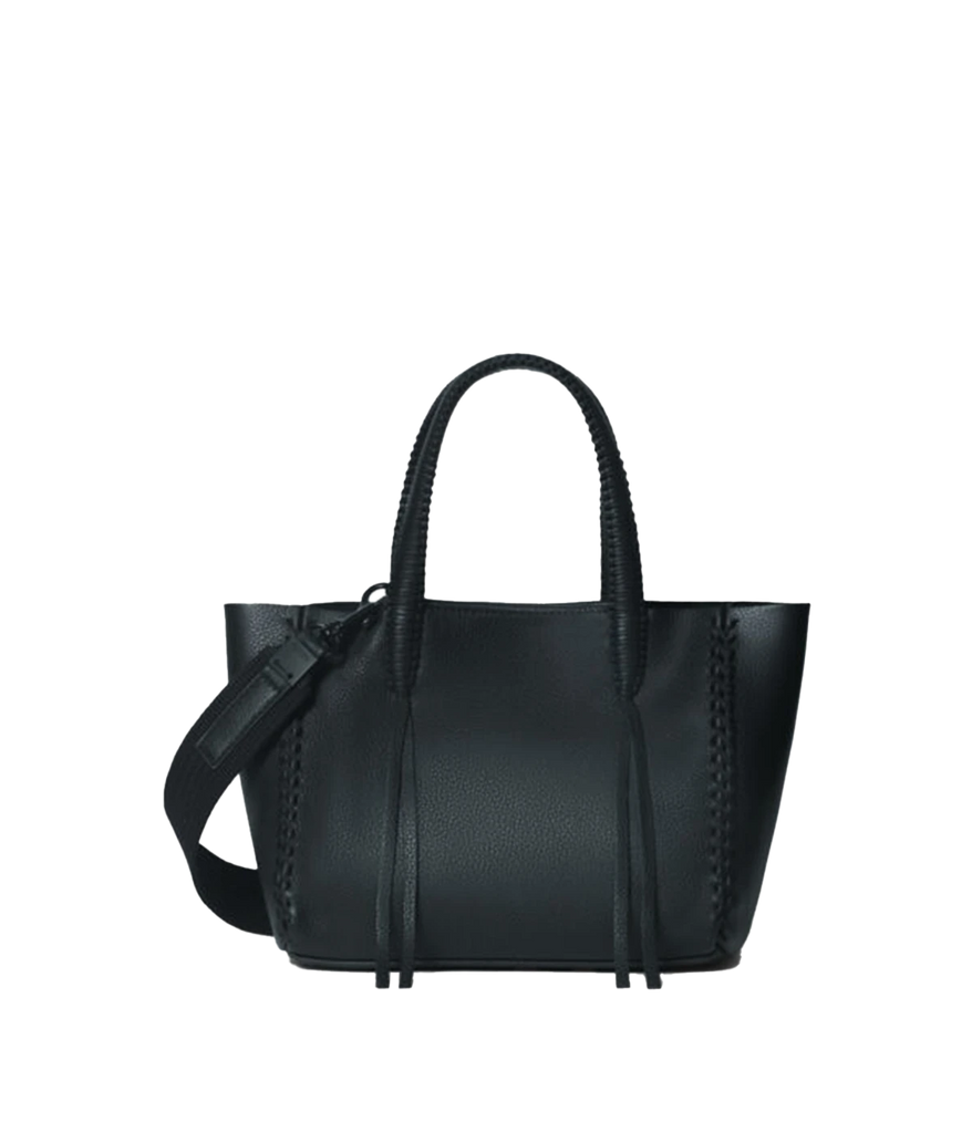 An everyday small tote bag in black, featuring 100% calf leather, two weaved handles, removable adjustable shoulder strap, unlined, internal pocket, zip closure, woven hand stitch detail, tassel. Made in Greece, luxury leather, everyday work bag, mum bag throw on and go. 