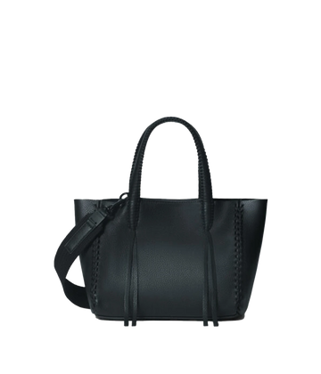 An everyday small tote bag in black, featuring 100% calf leather, two weaved handles, removable adjustable shoulder strap, unlined, internal pocket, zip closure, woven hand stitch detail, tassel. Made in Greece, luxury leather, everyday work bag, mum bag throw on and go. 