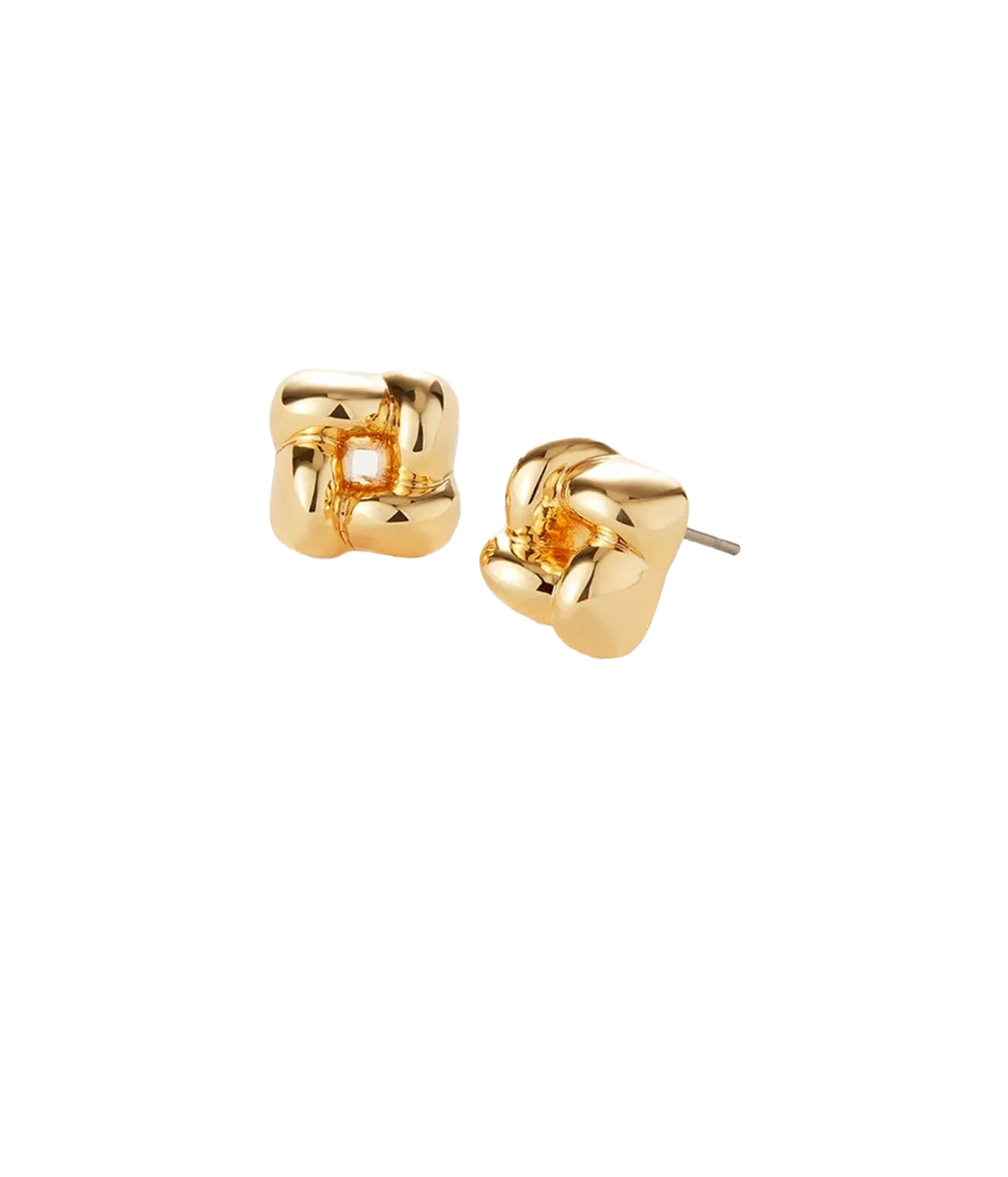 Jenny Bird Mini Woven Square Earrings in Gold shown as a pair from the front and side, showing the woven knot design and stud post