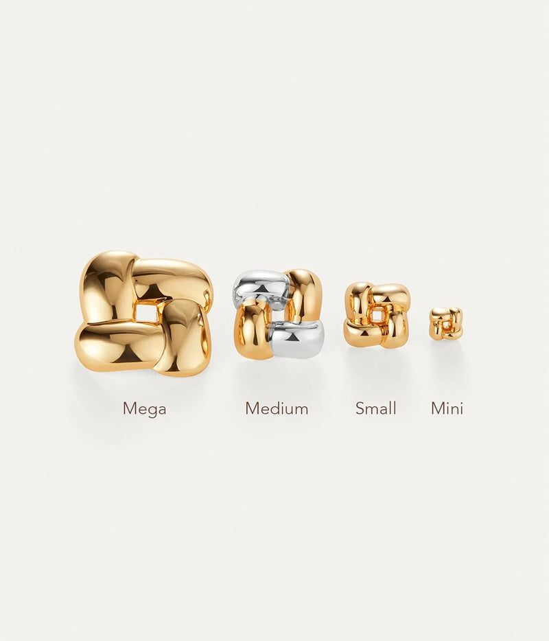 Jenny Bird Mini Woven Square Earrings in Gold shown beside the larger Woven Square styles for size comparison