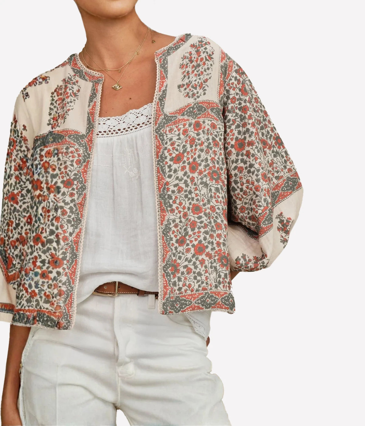 M.A.B.E Della Print Jacket in Rust Khaki – front view showing floral print and patchwork