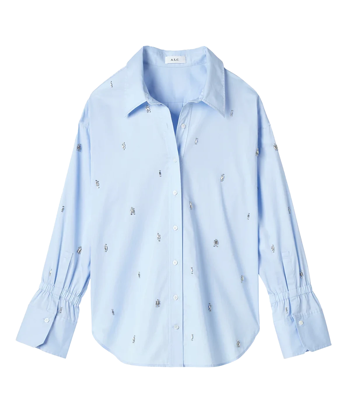A standout special occasion button down shirt, in a sky blue colour way and featuring crystal embellishments puff sleeve and elasticated wrist. Throw on and go, elevated basic, made in USA, cotton, bra friendly. 